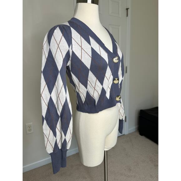 blue/brown argyle cropped button down sweater top, size small - Picture 2 of 6